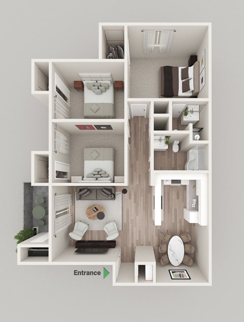 a bedroom floor plan with a bathroom and a living room